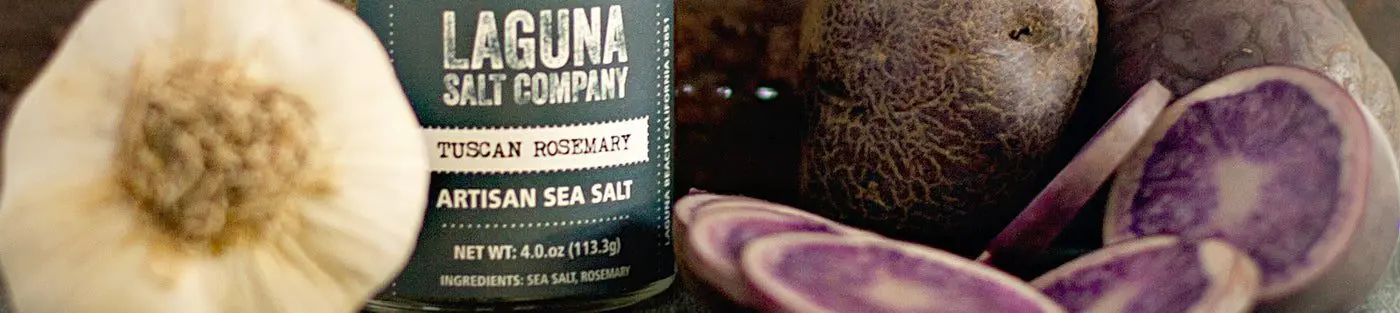 Garlic, artisan salt, and purple potatoes.